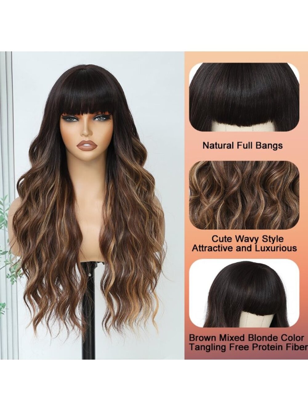 26 Inch Women's Ombre Brown Soft Layered Wavy Curly Hair Wig with Natural Shine - Picture 2 of 7
